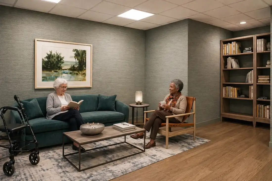 Residents relaxing in the social lounge at North Beach Rehabilitation Center in North Miami Beach, FL