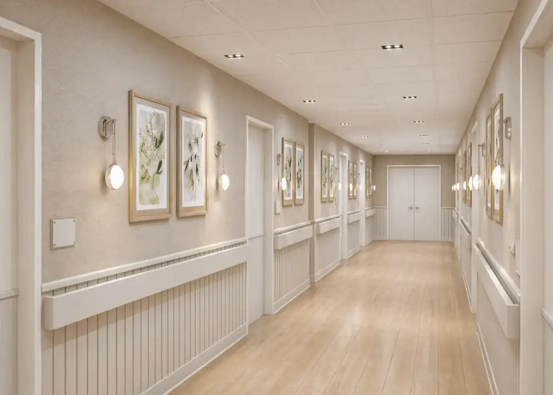 Bright resident hallway at North Beach Rehabilitation Center in North Miami Beach, FL